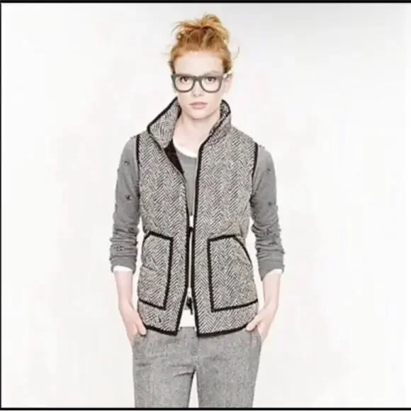 J. Crew Tan & Black Down Excursion Herringbone Quilted Full Zip Vest Size Small - Picture 10 of 13